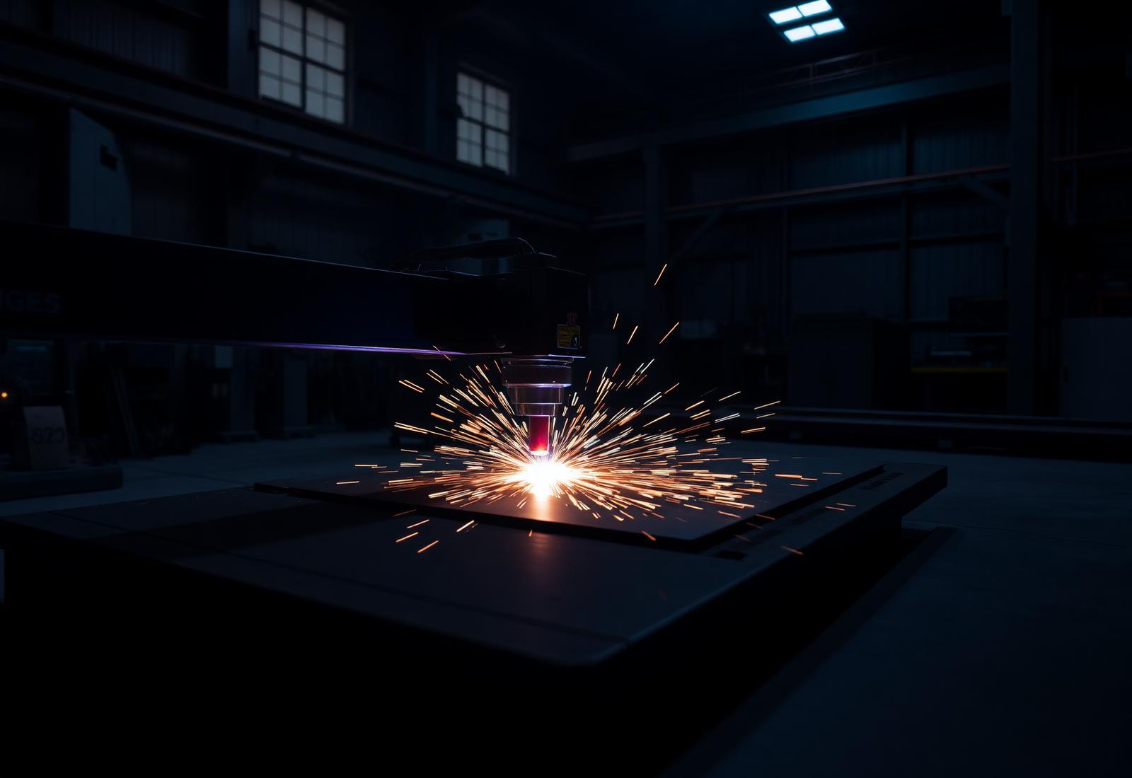 Máquina de corte a laser cortando chapa metálica em metalúrgica